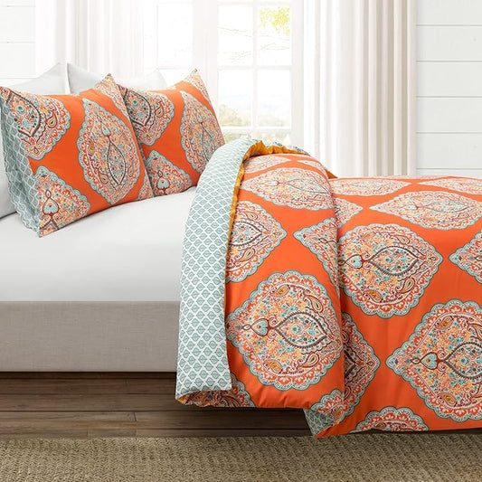 Lush Decor Harley Reversible Cotton Duvet Cover Queen Size 3 Piece Set Full/Queen Tangerine - Boho Bedding Set Queen Duvet Covers - Boho Bedroom Decor