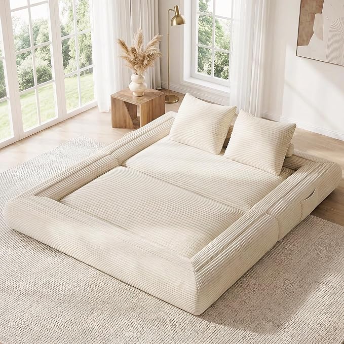 Jocoevol 4-in-1 Convertible Folding Sofa Bed, 68"L x 78"W Queen Size Foldable Sleeper Sofa Bed, Wide Corduroy Upholstery, Boneless Mattress Couch with Armrests & Neck Pillow for Living/Bedroom, Beige