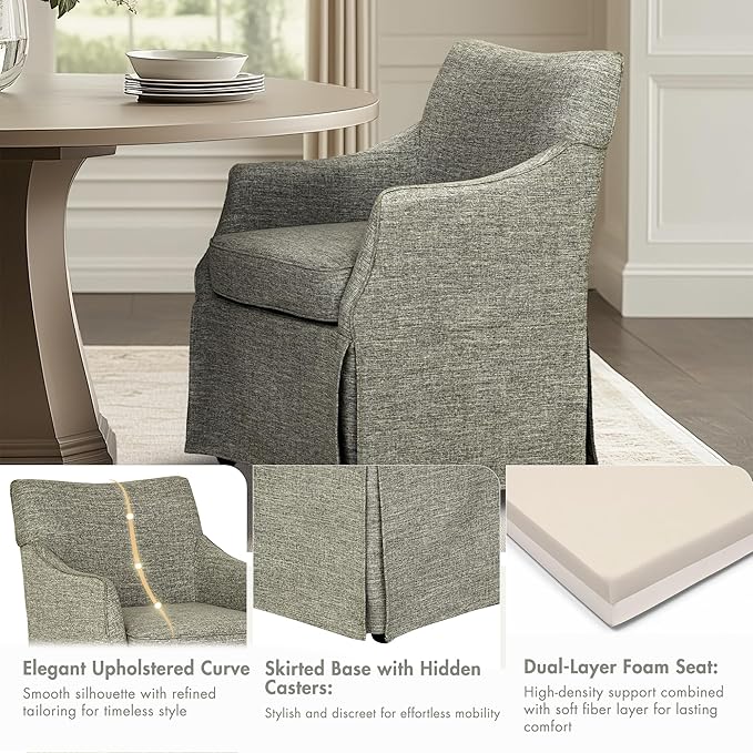 Martha Stewart London Dining Chair - Solid Wood & Plywood, Skirted Metal Base Accent Armchair, Lumbar Pillow -Modern Classic Family Dining Room Furniture 25" W x 26" D x 34" H, Grey