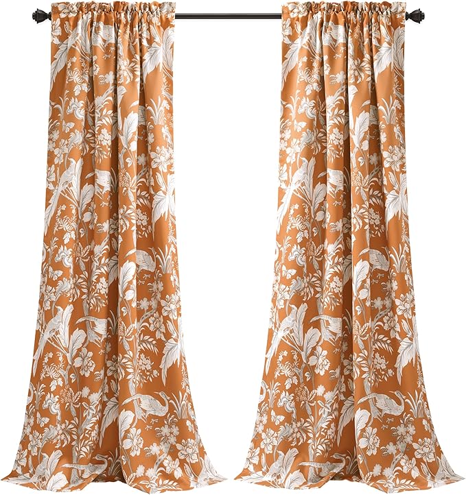 Lush Decor Dolores Light Filtering Window Panels, Pair, 52" W x 84" L, Orange - Floral Curtains for Bedroom - Vintage Curtains - Coquette Room Decor