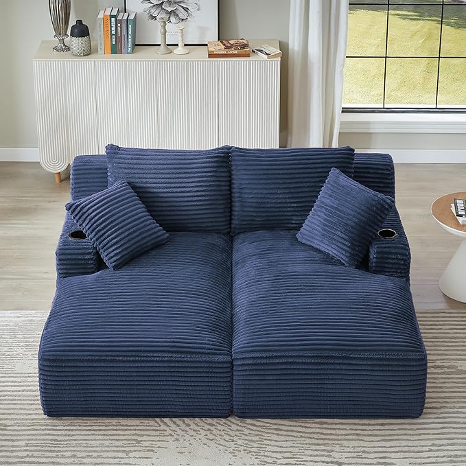Eafurn Oversized Double Chaise Lounge Indoor with Cup Holders & Side Pocket, 71" Plush Corduroy Boneless Chaise Lounge Sofa with High Density Sponge & Deep High Seat Comfy Sleeper Couch Bed | Breathable material, No Assembly, 52" Deep Seat, 19.7" High ...