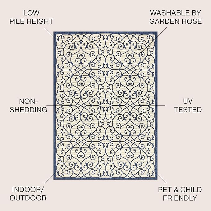 JONATHAN Y Vintage Filigree Indoor Outdoor Round Area Rug 5 Ft Navy/Beige, Madrid Textured Weave for Backyard, Patio, Porch, Easy-Cleaning, High Traffic, Pet-Friendly, Non-Shedding (SMB107G-5R)