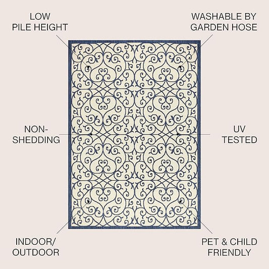 JONATHAN Y Vintage Filigree Indoor Outdoor Round Area Rug 5 Ft Navy/Beige, Madrid Textured Weave for Backyard, Patio, Porch, Easy-Cleaning, High Traffic, Pet-Friendly, Non-Shedding (SMB107G-5R)