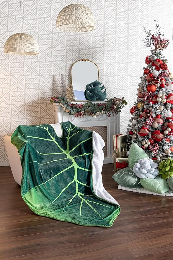 Green Philosophy Co. Regal Shield Alocasia Giant Leaf Shaped Blanket Monstera Flannel Throw Soft Cozy Breathable Lightweight and Decorative Leaves Design Gift for Plant Lovers Bed Sofa and Couch