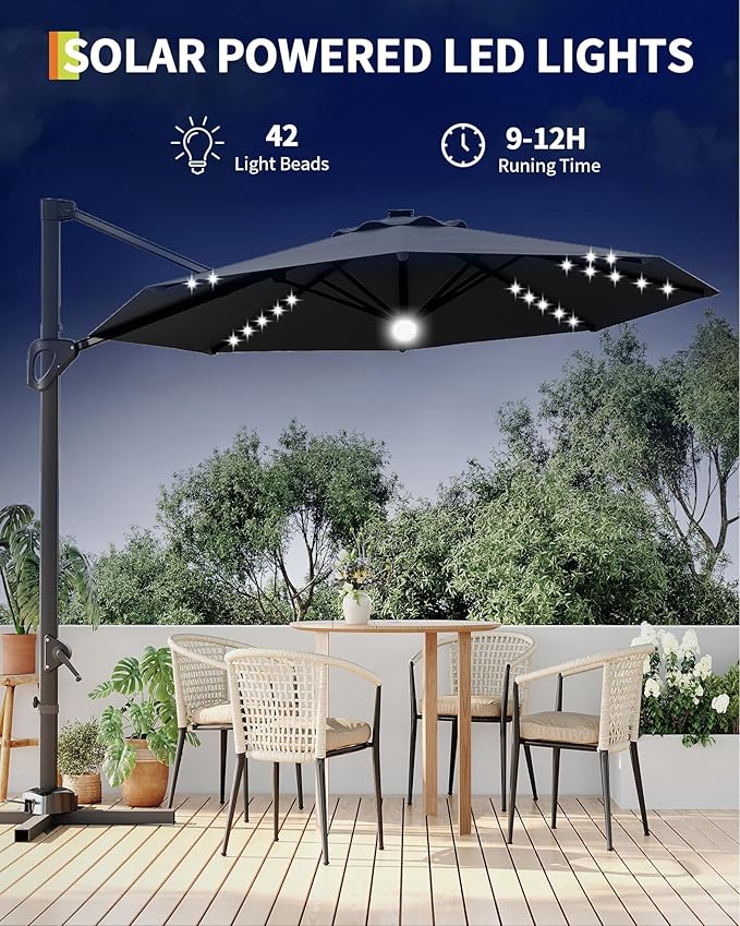 GarveeLife 10FT Patio Umbrella Outdoor Solar LED Large Cantilever Umbrella Market Sun Shade Windproof Offset Umbrella with 360-Degree Rotation for Garden Deck Pool Patio