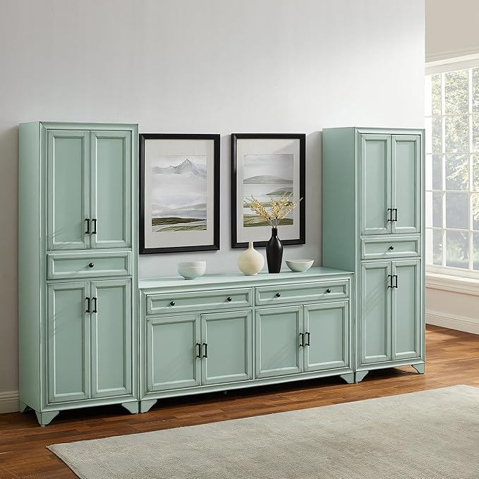 Crosley Furniture Tara 3-Piece Modern Farmhouse Sideboard Buffet Cabinet and Kitchen Storage Pantry Set, Distressed Seafoam Blue