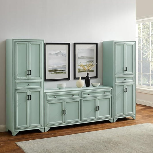 Crosley Furniture Tara 3-Piece Modern Farmhouse Sideboard Buffet Cabinet and Kitchen Storage Pantry Set, Distressed Seafoam Blue