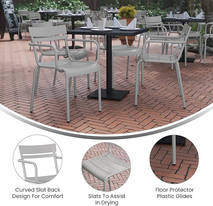 Flash Furniture Nash Commercial Grade Steel Stack Chair, Indoor-Outdoor Arm Chair with 2 Slat Back, Set of 4, Silver