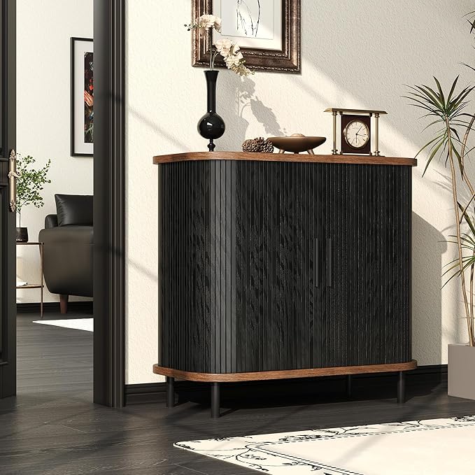 Fluted Sideboard Buffet Cabinet, 31''W Storage Cabinet with Sliding Door, Coffee Bar Buffet Cabinet for Living Room, Kitchen, Entryway, Black