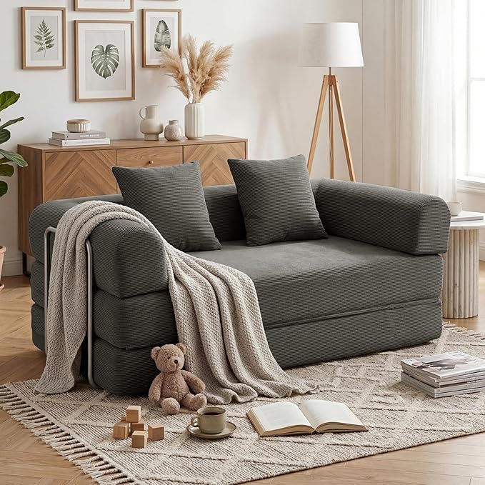 59'' Convertible Compressed Corduroy Folding Sofa Bed, Modern Boneless Pull Out Loveseat Sleeper in a Box, 4 in 1 Floor Mattress Futon Cloud Couch for Home, No Assembly Needed, Grey, 2 Pillows, Queen