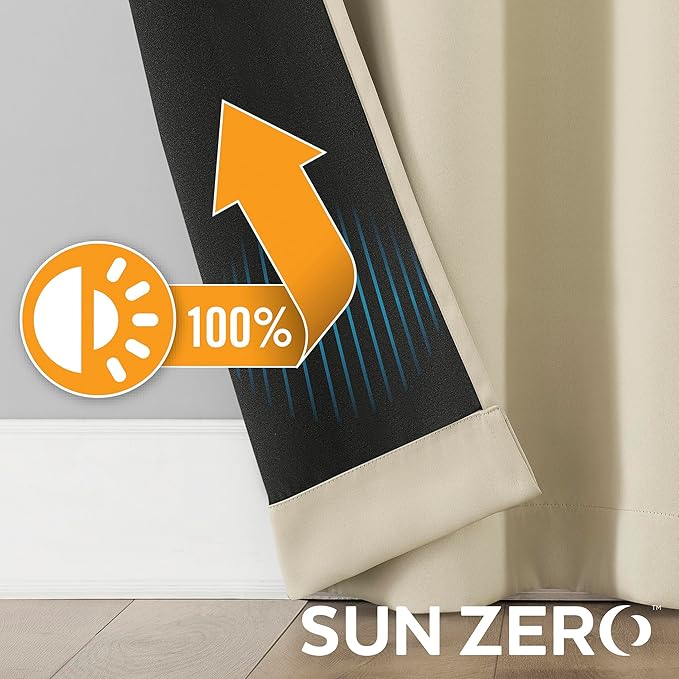Sun Zero Nordic 2-Pack Theater Grade Noise Reducing Extreme 100% Blackout Grommet Curtain Panel Pair, 52" x 84, Cream Off-White