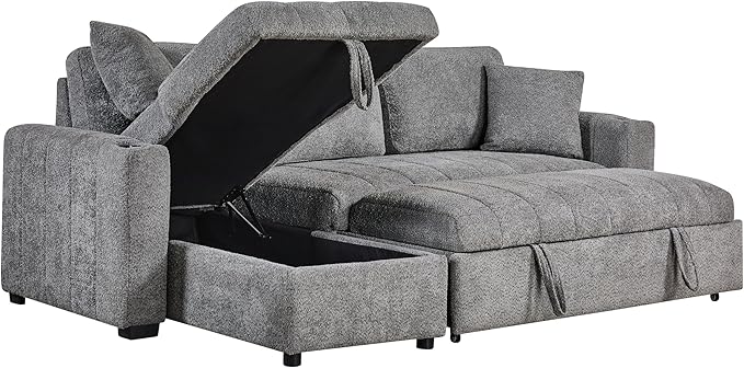 ERYE 96-Inch Oversized Reversible Corner Sleeper Sectional Sofa Bed for Living Room Office,L-Shaped Boucle Upholstered Convertible Pull Out Sleeper Couch Bed W/Storage Chaise | Cupholders, USB-C Ports, Channel Tufted