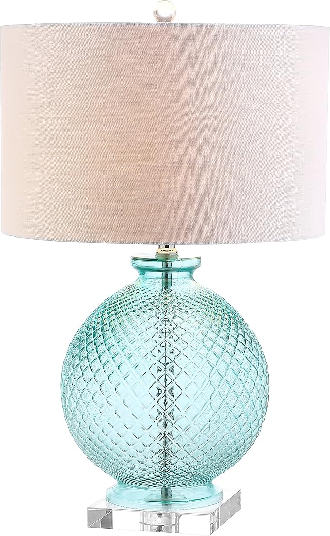 JONATHAN Y 26" Aqua Diamond-Etched Glass and Crystal Table Lamp, Coastal Transitional Bedside Lamp with White Linen Drum Shade for Living Room, LED Bulb Included JYL2003A