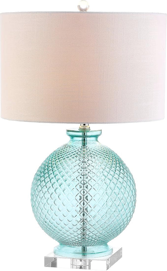 JONATHAN Y 26" Aqua Diamond-Etched Glass and Crystal Table Lamp, Coastal Transitional Bedside Lamp with White Linen Drum Shade for Living Room, LED Bulb Included JYL2003A