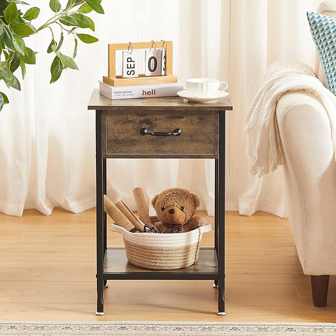 VECELO Nightstands, Industrial Side Table/End Tables with Drawer and Storage Shelf, Night Stands for Bedroom, Living Room, Wood Metal Furniture, Easy Assembly,Antique Brown,1 Set