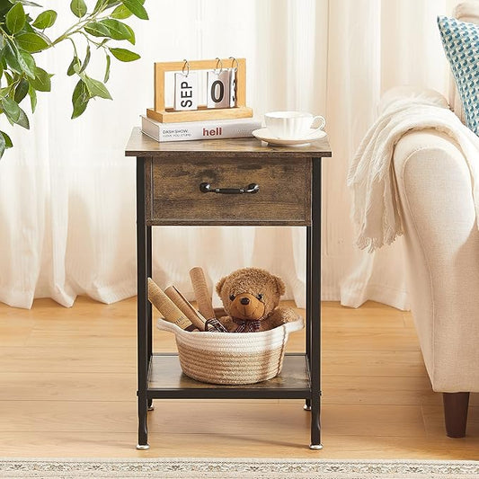 VECELO Nightstands, Industrial Side Table/End Tables with Drawer and Storage Shelf, Night Stands for Bedroom, Living Room, Wood Metal Furniture, Easy Assembly,Antique Brown,1 Set
