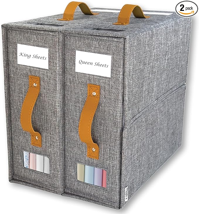 2-Pack Set Bed Sheet Organizer – Premium Linen Storage with PU Leather Handles & Dual Labels | Fits King/Queen Sheets | Closet, Underbed & Shelf Use | Closet Organizers and Storage (Gray)