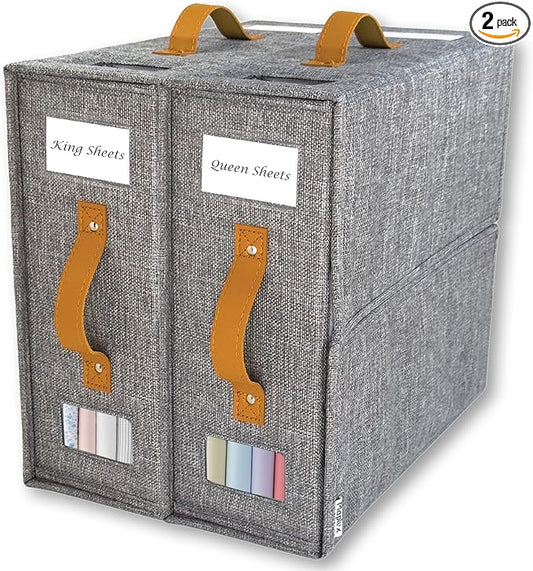 2-Pack Set Bed Sheet Organizer – Premium Linen Storage with PU Leather Handles & Dual Labels | Fits King/Queen Sheets | Closet, Underbed & Shelf Use | Closet Organizers and Storage (Gray)