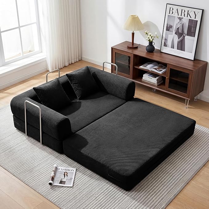 53.15'' Convertible Compressed Corduroy Folding Cloud Sofa Bed, Modern Boneless Pull Out Loveseat Sleeper in a Box, 4 in 1 Floor Mattress Futon Cloud Couch, No Assembly Needed, Black, 2 Pillows, Full