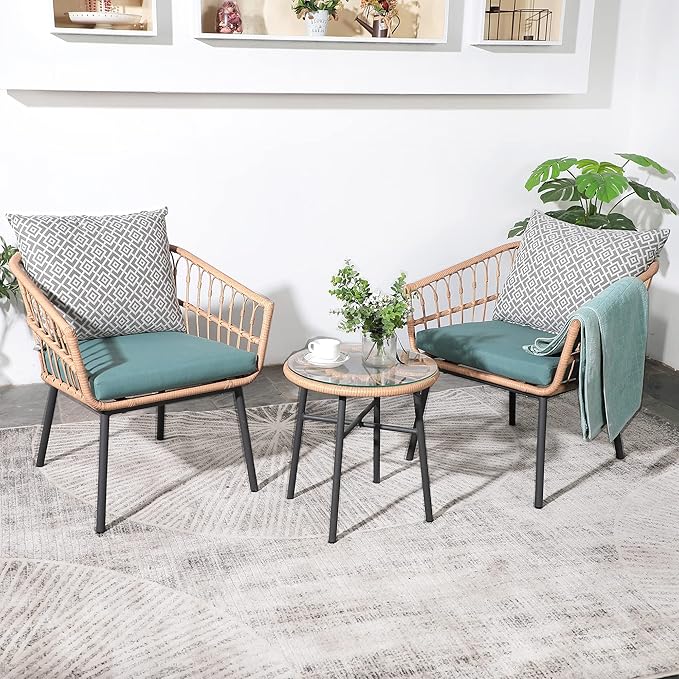 Yangming 3 Piece Patio Furniture Outdoor Conversation Bistro Set with Tempered Coffee Table and Wicker Chairs for Garden Balcony Backyard Yard Poolside, Green (QX-MA-WF-001)