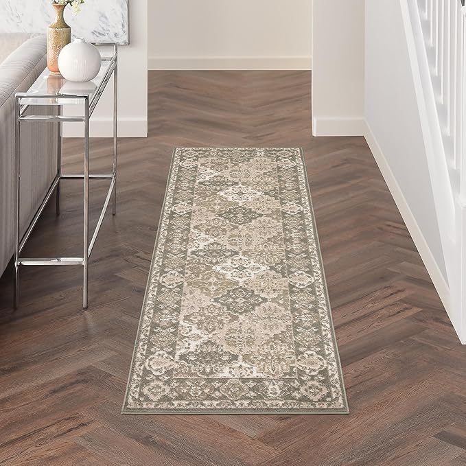 Nourison Home Grafix Green 2'3" x 7'6" Area Rug - Easy Clean, Non Shedding, Bed Room, Living Room, Dining Room, Kitchen (8' Runner)