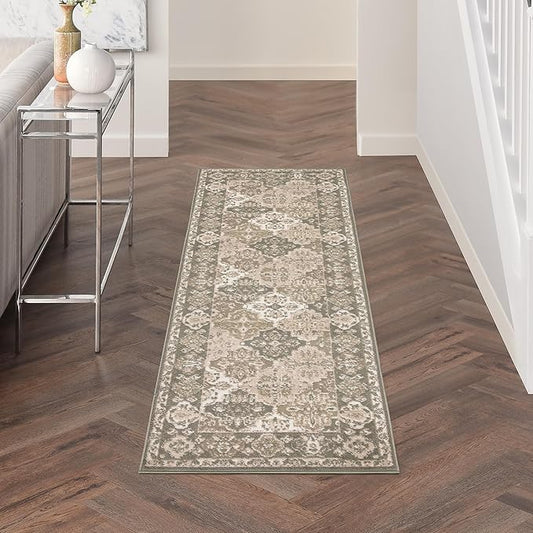 Nourison Home Grafix Green 2'3" x 7'6" Area Rug - Easy Clean, Non Shedding, Bed Room, Living Room, Dining Room, Kitchen (8' Runner)