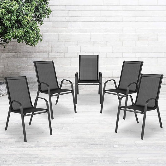 Flash Furniture Brazos Series Outdoor Stackable Patio Chairs with Flex Comfort Material, Stacking Outdoor Modern Sling Patio Chairs, Set of 5, Black