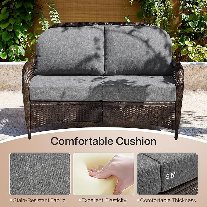 Tribesigns Outdoor Wicker Loveseat with Thick Gray Cushions, 2-Seater Patio Sofa, All-Weather PE Rattan Outdoor Furniture for Porch, Deck, Backyard, Brown/Gray