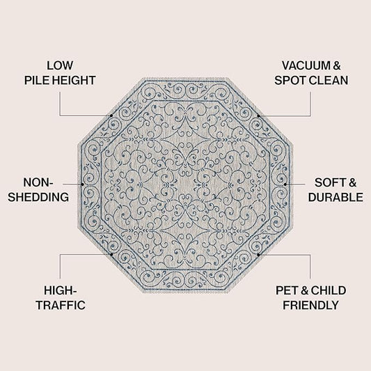 JONATHAN Y Vintage Filigree Indoor Outdoor Octagon Area Rug 8 Ft Gray/Navy, Charleston Textured Weave for Backyard, Patio, Porch, Easy-Cleaning, High Traffic, Pet-Friendly, Non-Shedding SMB106C-8TGN