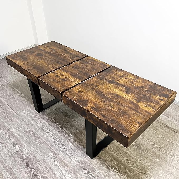 63" - 79" Extendable Dining Room Table, Expandable Kitchen Table for 6 to 10 People, Modern Wood Conference Table, Large Farmhouse Dining Table(Rustic Brown & Black, Double-U Base)