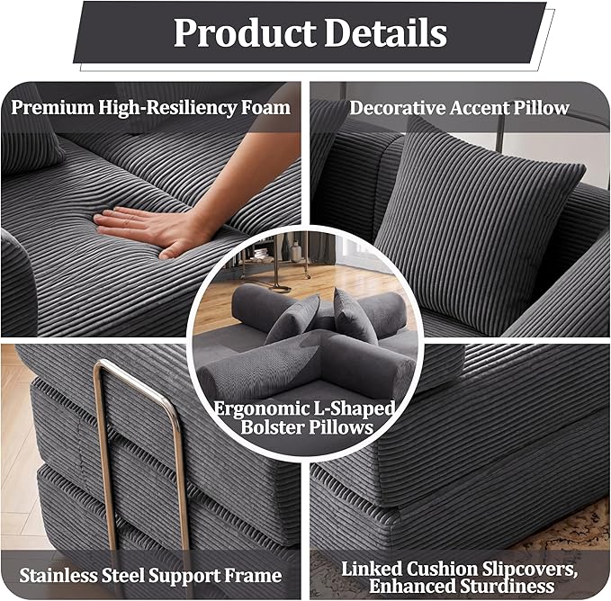 Convertible Compressed Corduroy Folding Cloud Sofa Bed, 59'' Modern Boneless Pull Out Loveseat Sleeper in a Box, 5 in 1 Floor Mattress Futon Cloud Couch, No Assembly Needed, Dark Grey, Pillows, Queen