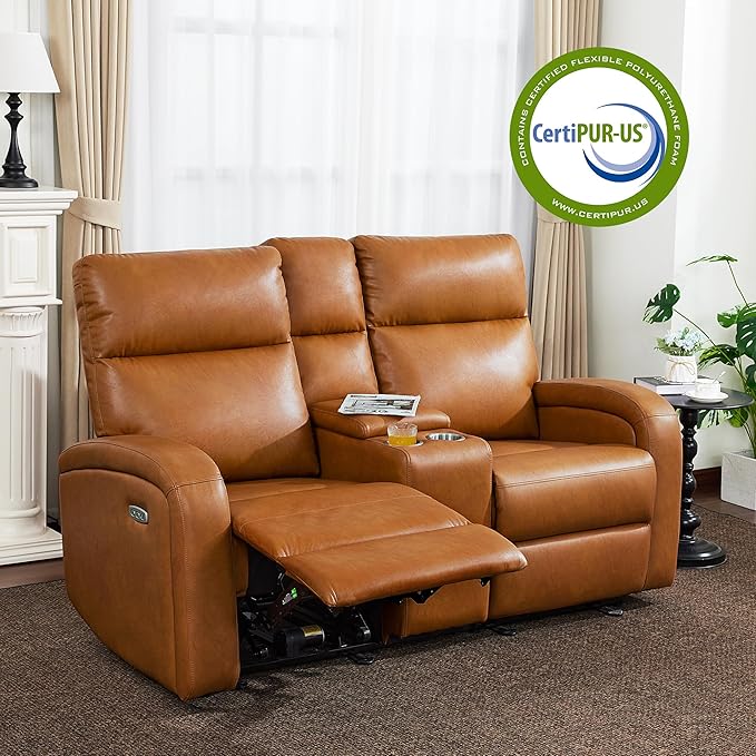 MCombo Zero Wall Recliner Loveseat, 2-Seat Power Wall Hugger Sofa with USB & Type-C Dual Ports, for Small Space, Living Room, RV PR646 (Cognac Brown, Loveseat with Console)