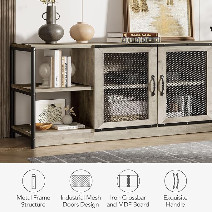 GAOMON Farmhouse TV Stand for 65/75 in TVs, Industrial TV Cabinet with 2 Mesh Doors and 4 Shelves, Vintage TV Console for Living Room, Bedroom, Grey, 71 in