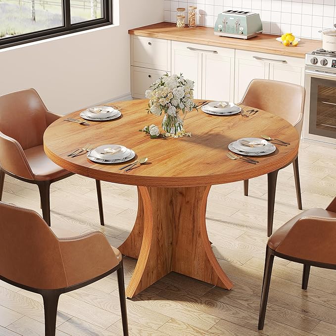 Tribesigns Round Dining Table for 4-6, 47.24-Inch Farmhouse Kitchen Table, Wood Dining Table with Pedestal Base, Small Dinner Table for Dining Room,Living Room, Small Space, Brown