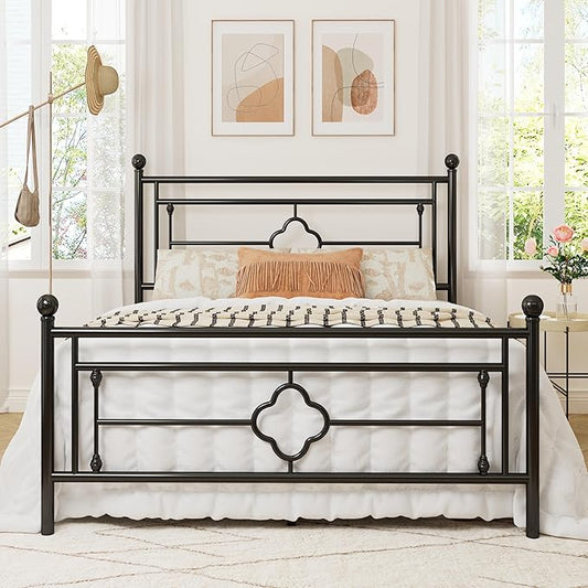 Allewie Queen Size Metal Platform Bed Frame with Victorian Vintage Headboard and Footboard/Mattress Foundation/Under Bed Storage/No Box Spring Needed/Noise-Free/Easy Assembly, Black