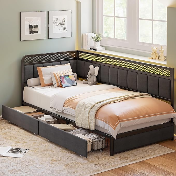 LIKIMIO Twin XL Corner Bed Frame with Storage Drawers and Charging Station, Modern Twin XL Daybed with LED Lights and Upholstered Guardrail, Gray