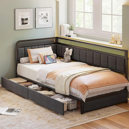 LIKIMIO Twin XL Corner Bed Frame with Storage Drawers and Charging Station, Modern Twin XL Daybed with LED Lights and Upholstered Guardrail, Gray