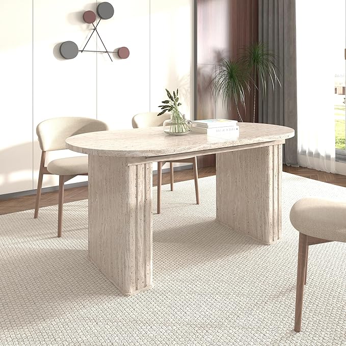 KEIKI 63"-78.7" Extendable Oval Kitchen Dining Table for 4-8 People, Modern Farmhouse Wood Strip Base with Veined Travertine Pattern, Large Dining Room Table for Living Room, Beige