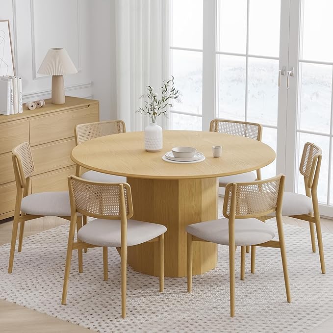 Casaphoria 52" Round Dining Table, Modern Wood Kitchen Table with Cylinder Polygonal Base for Living Room & Dining Room, Easy Assembly Farmhouse Furniture for 4-6, Oak