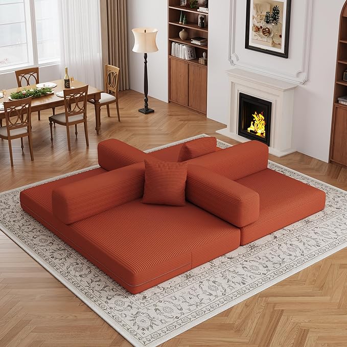 BSHOMGI 4-in-1 Foldable Sofa Bed Teddy Fabric Foam-Filled Compressed Couch, Convertible Loveseat Sofa, Boneless FoldingSleeper for Living Room, Guest Bed, Playroom (Orange, 59” 2 Seat)