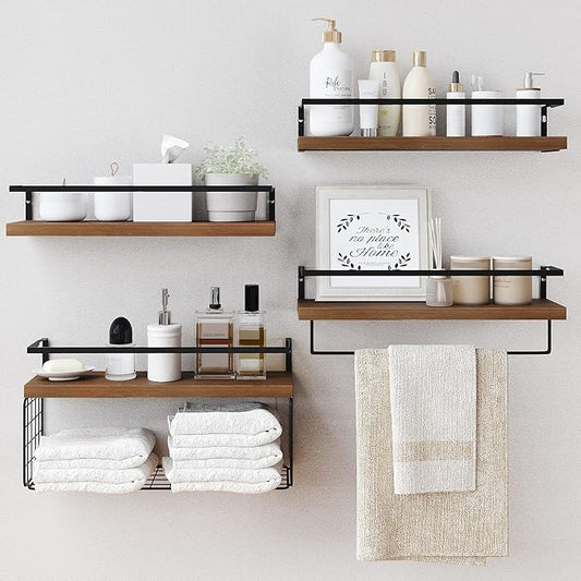 Wood Floating Shelves Wall Mounted - 4+1 Tier Rustic Bathroom Wall Shelves Over Toilet with Wire Storage Basket and Towel Bar, Set of 4 Farmhouse Floating Shelf for Bathroom, Kitchen, Bedroom.