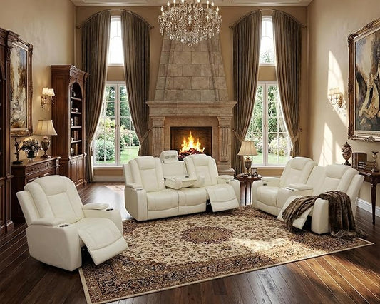 Breathing Leather Power Recliner Sofa Set, Reclining Sofa Set with LED/Cup Holders/Storage/USB Port, 3 Piece Home Theater Seating Couches for Living Room (Cream White,Upgared)