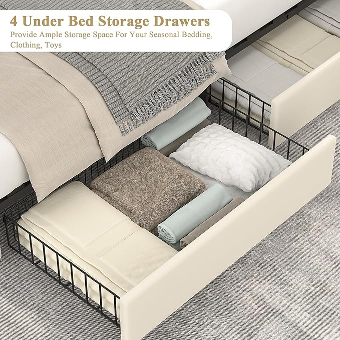 VECELO Full Size Upholstered Platform Bed Frame with 4 Storage Drawers, Adjustable Velvet Rivets Headboard, Wooden Slats Support, No Box Spring Needed, Easy Assembly
