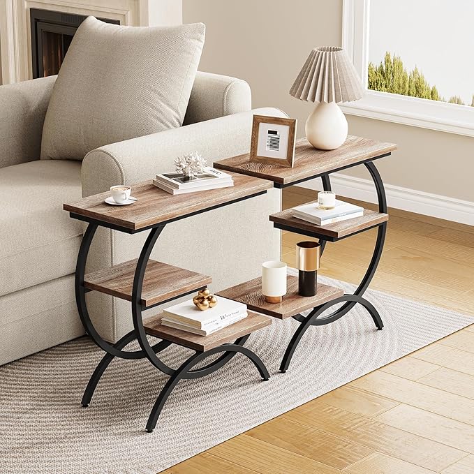 LITTLE TREE End Table Set of 2, Narrow End Table with 3 Storage Shelves, Industrial C-Shaped Small Sofa Side Table for Living Room, Wood Slim Snack Table with Black Metal Frame, Oak