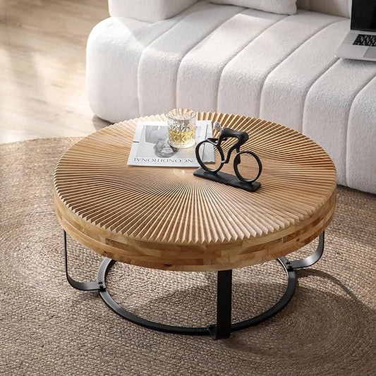 Wood Round Coffee Table, Farmhouse Circle Coffee Table with Metal Base, 31.5" Round Center Table for Living Room Office Natural+Black