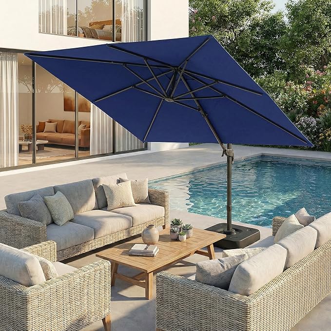 Hoteel 10ft Patio Umbrella Heavy Duty Aluminum Windproof & Shade Provision Outdoor Cantilever Double Top Offset Large Umbrella with 360°Rotation for Patio Pool Deck Gazebo, Dark Blue