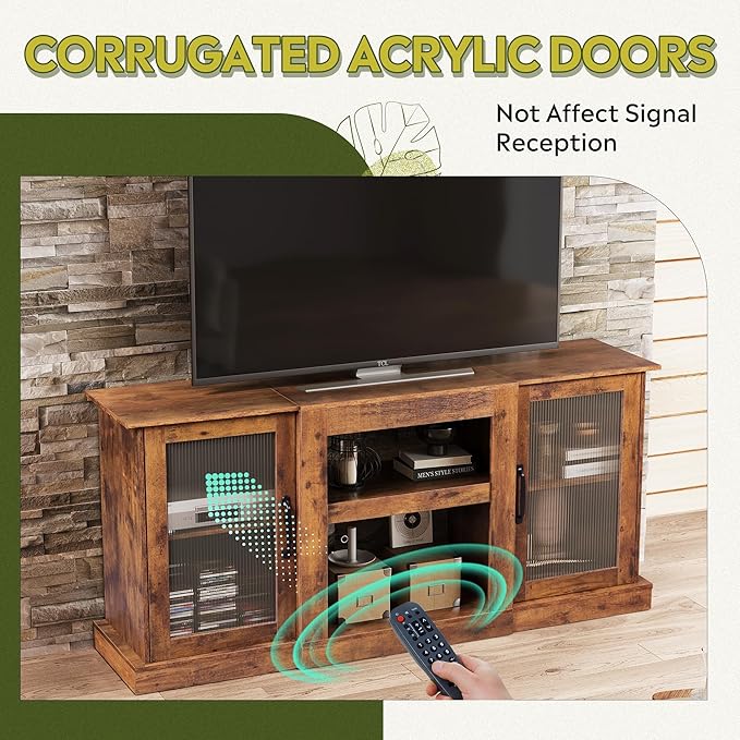 WLIVE Farmhouse TV Stand for 65 inch TV, 58" Entertainment Center with Storage Cabinets, Open Shelves TV Console for Living Room and Bedroom, Rustic Brown