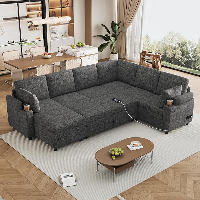 ERYE U Shaped Pull Out Sleeper Sectional Sofa Bed Modern Corner Convertible Sleeper Couch with Left Facing Storage Chaise, Cupholders, Charging Ports and Armrests Storage