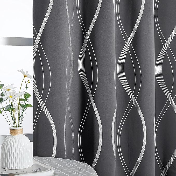 NICETOWN Small Living Room Blackout Curtains 63 inch length, 42 x 63 Grey Dorm Window Treatment Thermal Insulated Grommet Room Darkening Wave Line Foil Print Design Drapes for Kitchen, Loft (Set of 2)