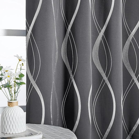 NICETOWN Small Living Room Blackout Curtains 63 inch length, 42 x 63 Grey Dorm Window Treatment Thermal Insulated Grommet Room Darkening Wave Line Foil Print Design Drapes for Kitchen, Loft (Set of 2)